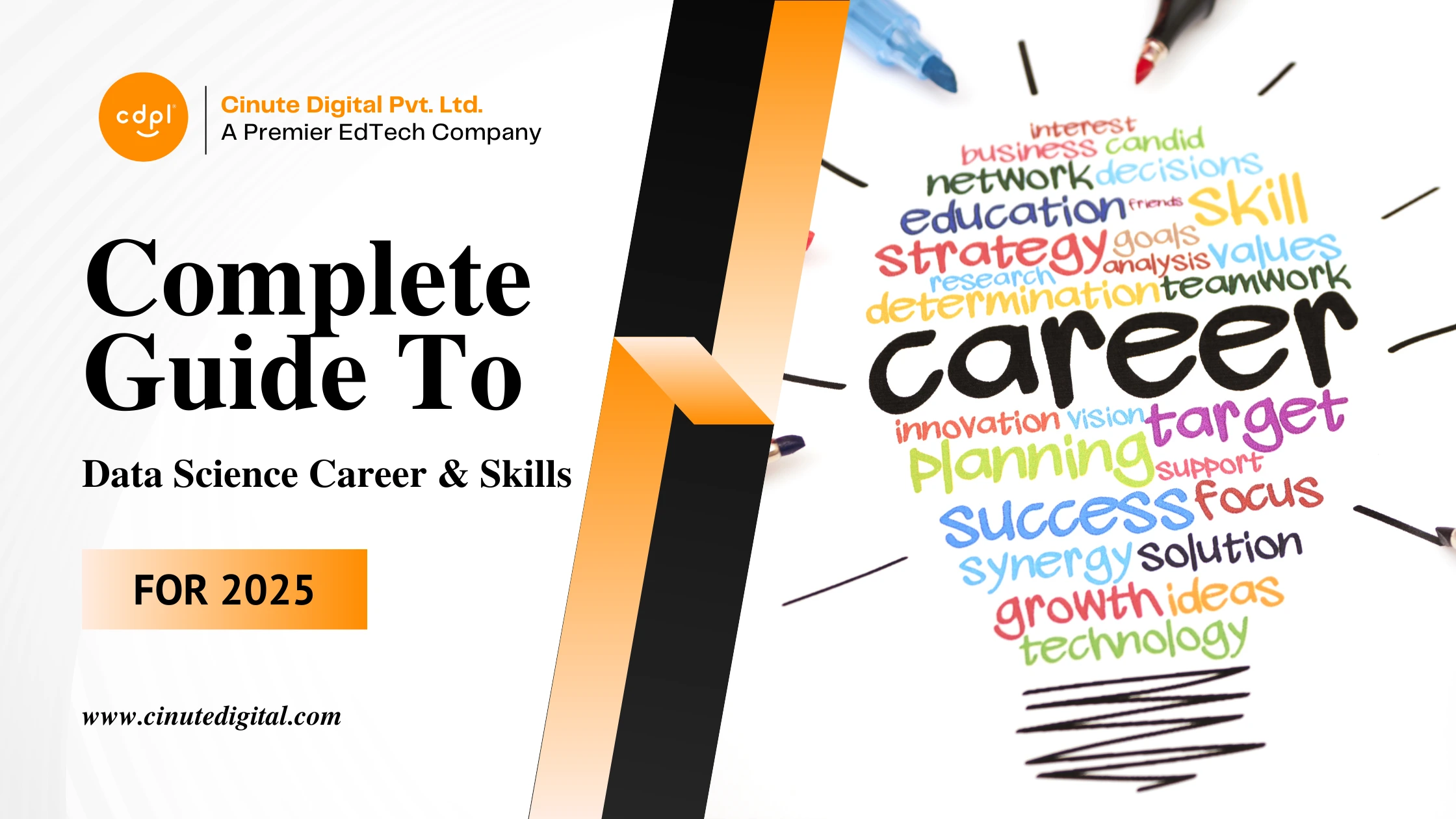 Colorful word cloud centered on "Career" with terms like skills, planning, research, and success, depicting Cinute Digital’s roadmap for aspiring data science professionals.