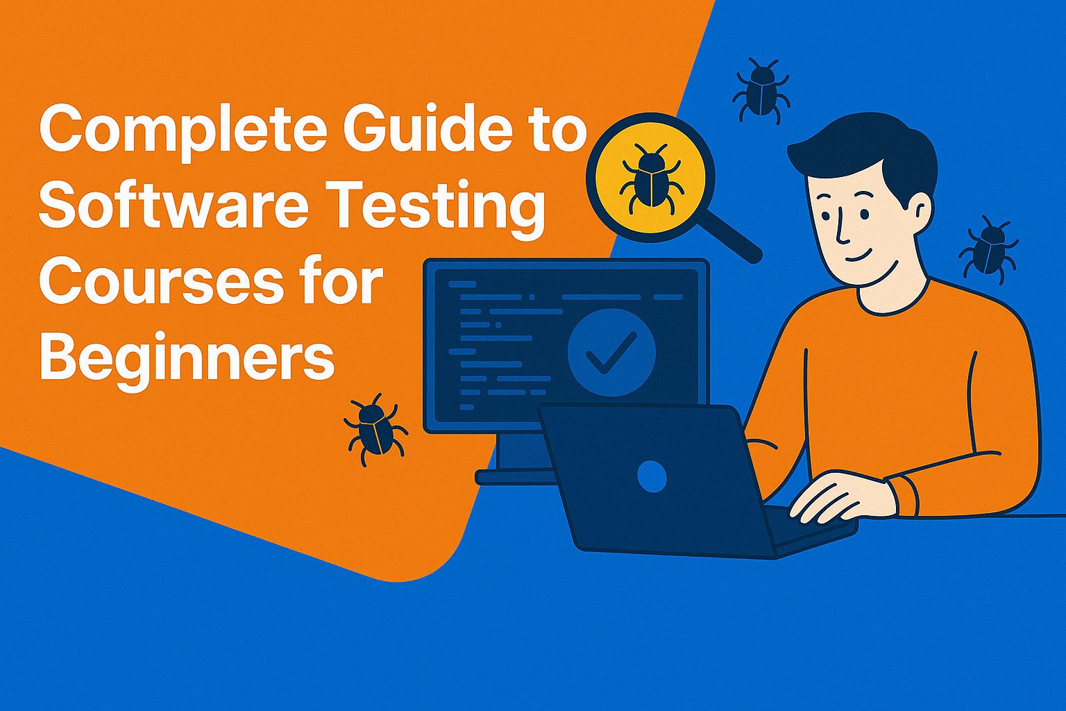 Flat-style digital illustration of a software tester analyzing code and bugs on a computer screen, set against an orange-blue gradient background, designed as a blog banner for 'Complete Guide to Software Testing Courses for Beginners