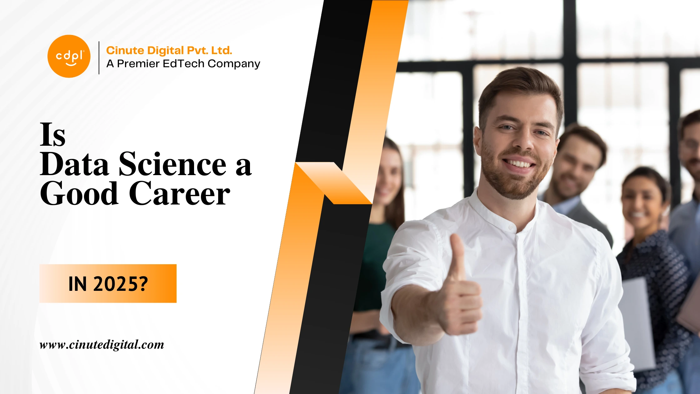 Smiling professional giving a thumbs-up with a team in the background, symbolizing positive career prospects in data science by 2025.