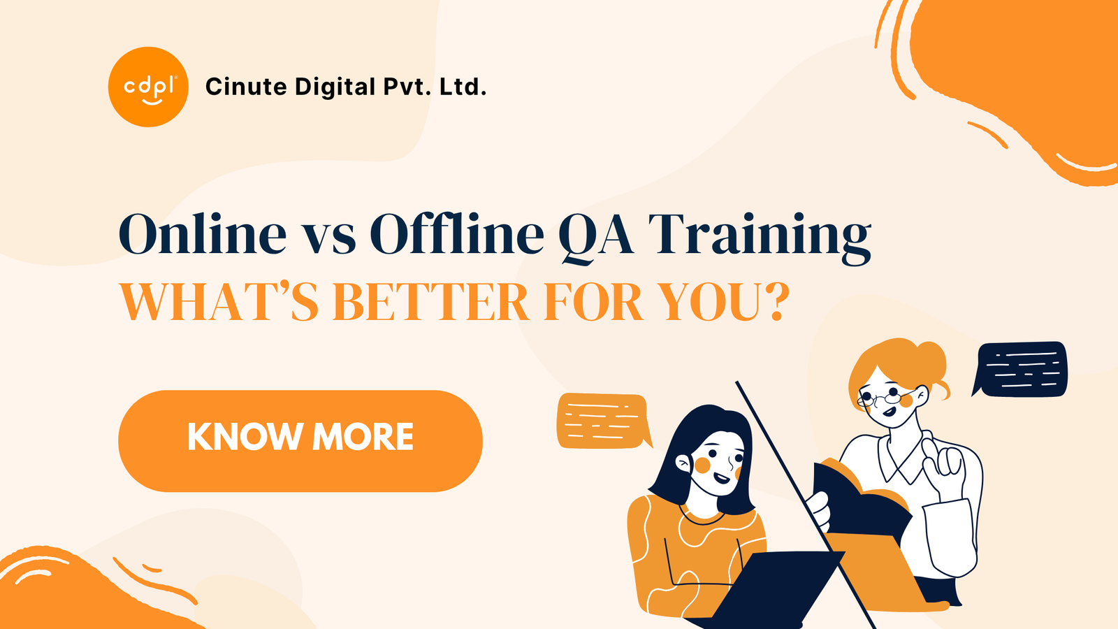 Illustration showing a student learning online with a laptop and another learning offline with a book and teacher, representing the comparison between online and offline QA training modes in Cinute Digital’s blog.