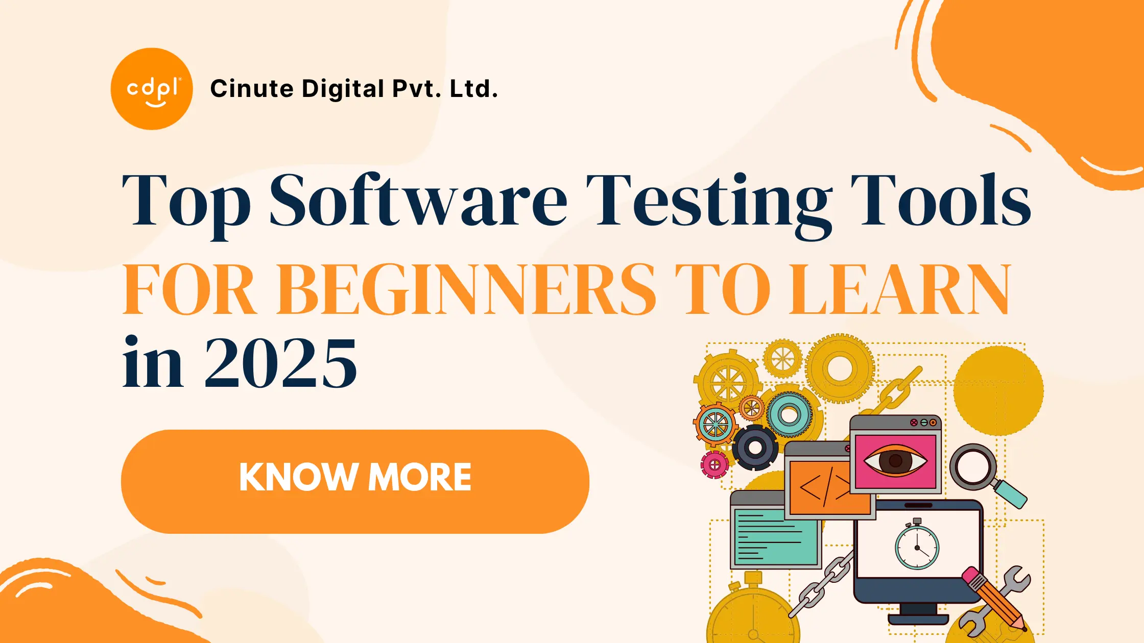 Illustration of software tools, gears, and monitors representing the best software testing tools for beginners to learn in 2025, featured in Cinute Digital’s educational blog.